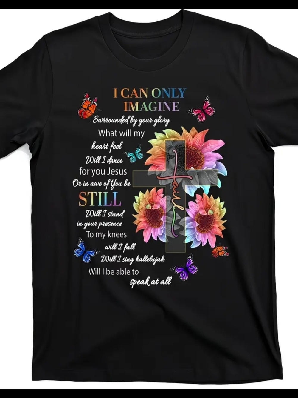 Black Ladies' 100% Cotton Tee with Colorful Sunflowers & Cross